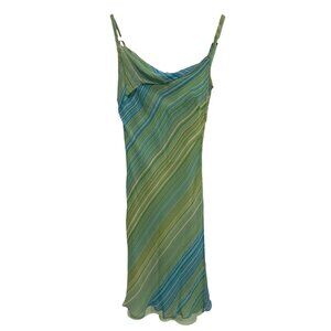 Y2K Silk Mica Dress Size 6 Striped Clueless Bias Cut Cowl Neck Green Blue